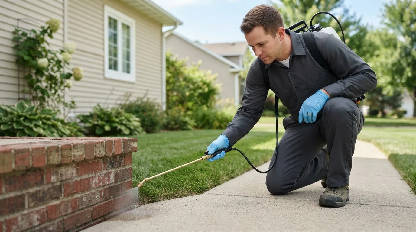 Pest control technician treating a home near Montgomery, IL