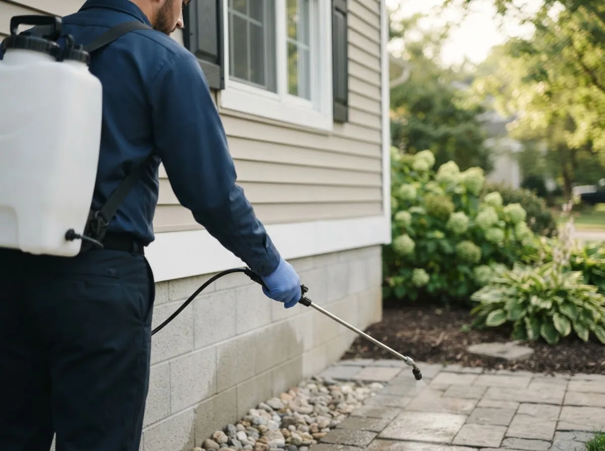Pest control technician inspecting a home in Montgomery, IL